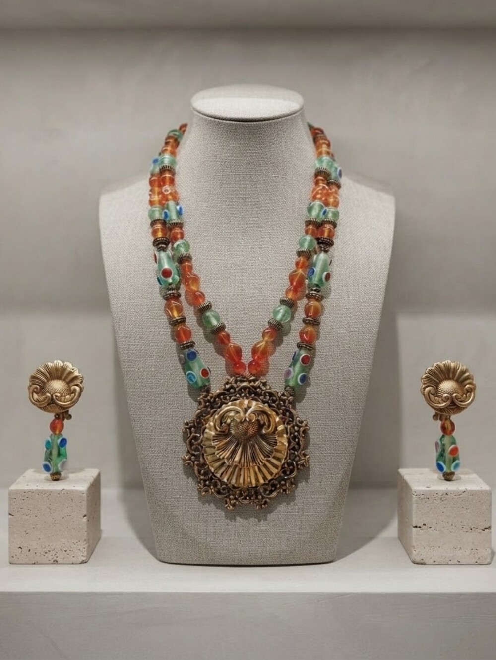 NWOT Anthony Alexander Eclectic Bohemian Artisan Beads Gold Pendant Jewelry Set